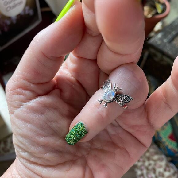 Solid Sterling Silver Rainbow Moonstone Bat Ring Size 6 - Picture 3 of 9